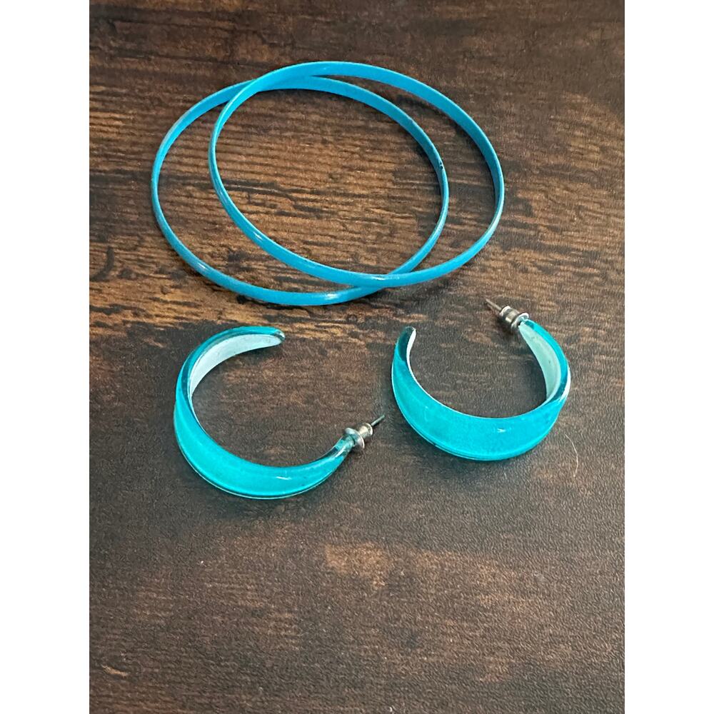 Vintage Turquoise Enamel Hoop Earring & Bangle Bracelet Set Retro Jewelry Bundle